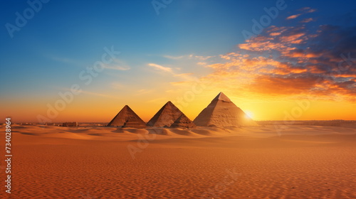 Egyptian pyramids in the desert at sunset. AI Generative.
