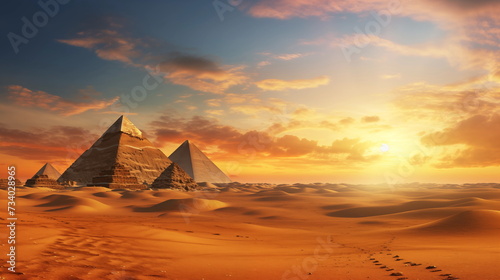 Pyramids in the desert at sunset. AI Generative.