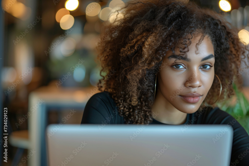 Young woman with headphones using laptop in coworking area. Focused freelancer in shared workspace. Digital nomad and modern employment concept Young woman with headphones using laptop in coworking area. Focused freelancer in shared workspace. Digital nomad and modern employment concept
