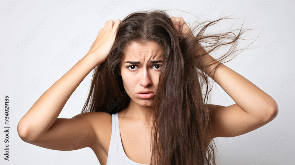 Young woman with hair loss problem on white background. Health care concept Young woman with hair loss problem on white background. Health care concept