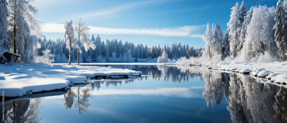 A serene winter landscape captures a snow-covered riverbank and frosted trees against a misty mountain backdrop, reflecting the stillness of nature.