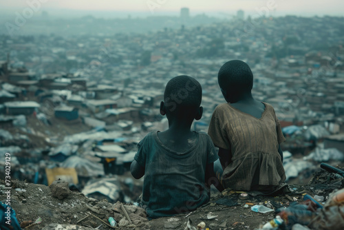  african children back view sitting on a garbage dump and looking at the city