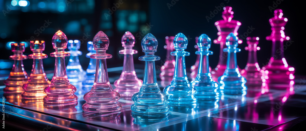 Neon Glowing Chess Pieces in Pink and Blue. A captivating image of transparent chess pieces illuminated in neon pink and blue hues, creating a striking visual on a glass chessboard. Neon Glowing Chess Pieces in Pink and Blue. A captivating image of transparent chess pieces illuminated in neon pink and blue hues, creating a striking visual on a glass chessboard.