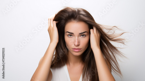 Portrait of a beautiful young woman with long hair on a white background