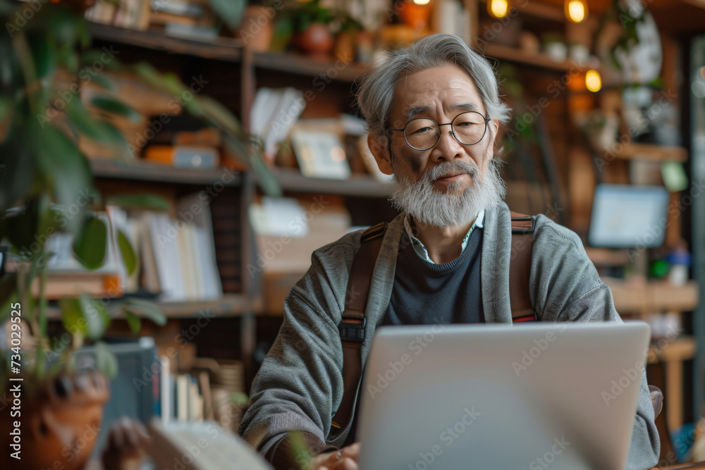 Elderly Asian man pondering while working on laptop in a coworking space. Reflective mood with copy space. Lifelong learning and productivity concept Elderly Asian man pondering while working on laptop in a coworking space. Reflective mood with copy space. Lifelong learning and productivity concept