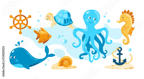 Underwater world. Octopus, fish, seahorse, shell, whale, anchor. Ocean life. Marine set with sea creatures for girls and boys, baby shower, birthday, greeting cards