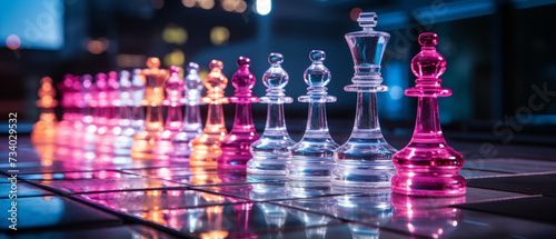 Neon Glowing Chess Pieces in Pink and Blue. A captivating image of transparent chess pieces illuminated in neon pink and blue hues, creating a striking visual on a glass chessboard.