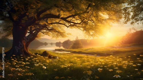 Golden sunlight filters through the branches of a tree  illuminating a meadow of wild yellow flowers at dawn