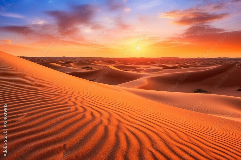 Stunning sunset over sandy desert dunes against a beautiful gradient sky. Generative AI