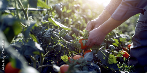 A person is seen cutting vegetables in a field, preparing healthy food for their meal. photo