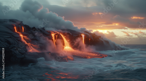Fiery Sunset at Sea - Majestic Lava Flows Entering Ocean Waters with Steam and New Land Formation, Nature's Powerful Display
