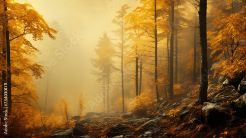 Yellow misty autumn forest