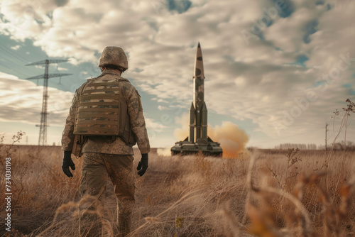 Military soldier on background of launch of ballistic missile to protect border or site of aircraft