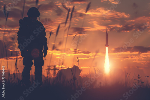 Military soldier on background of launch of ballistic missile to protect border or site of aircraft