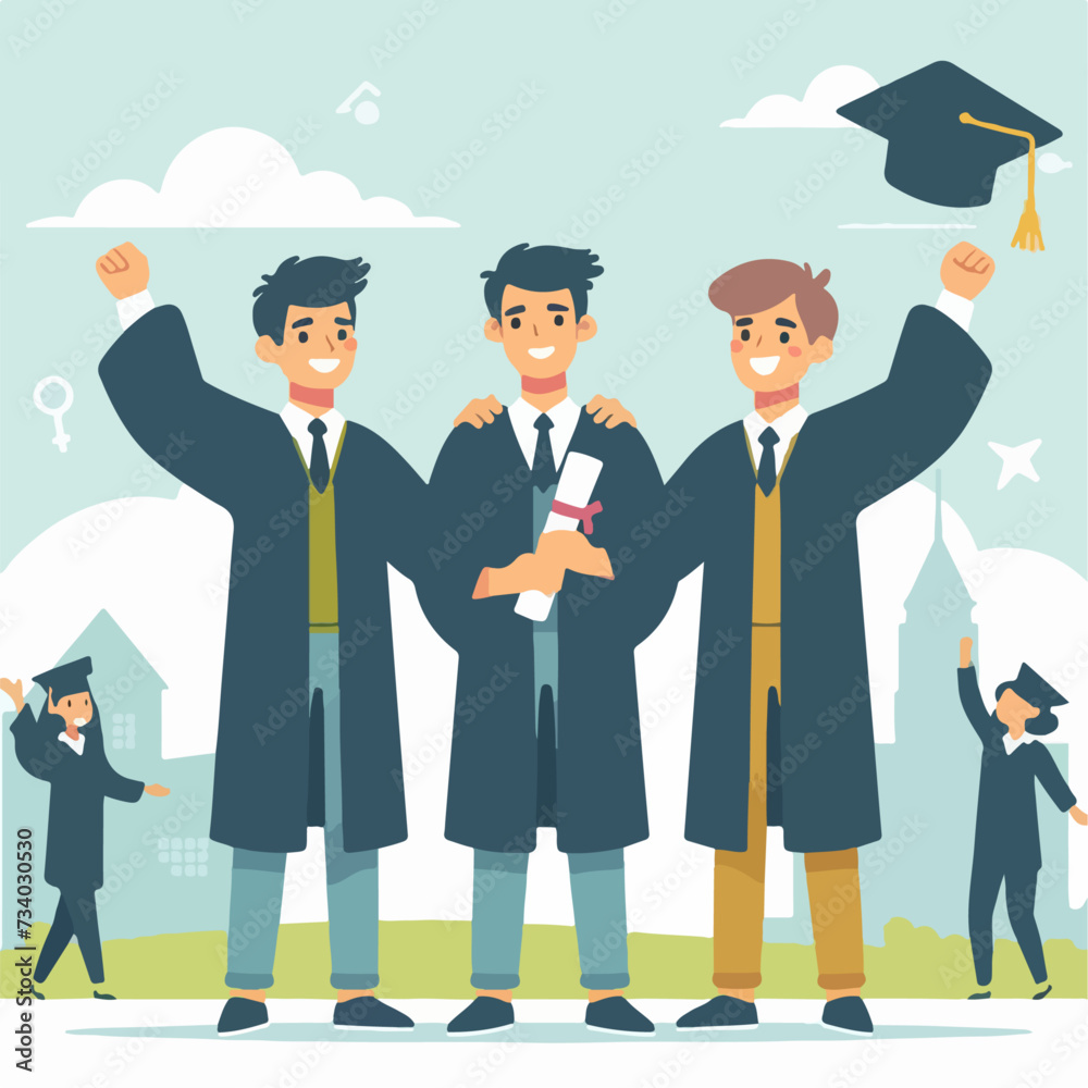 Graduated students celebrating graduation from college, university or high school. Vector happy students with diplomas wearing academic gown