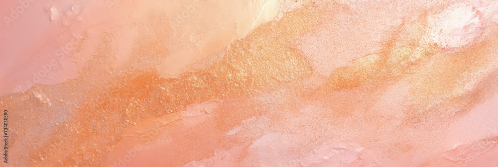 Abstract background with soft peach gradient and shining golden glittering shimer. Texture backdrop with copy space. Pink, orange and coral colors