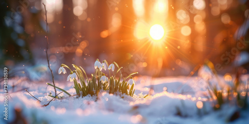 Natural spring background with delicate snowdrop flowers on snowy forest glade at sunset photo