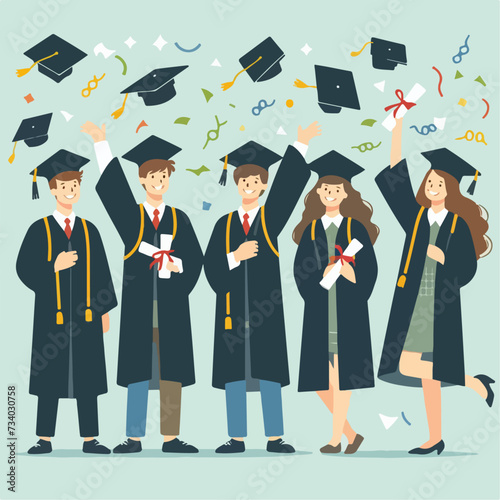 Graduated students celebrating graduation from college, university or high school. Vector happy students with diplomas wearing academic gown