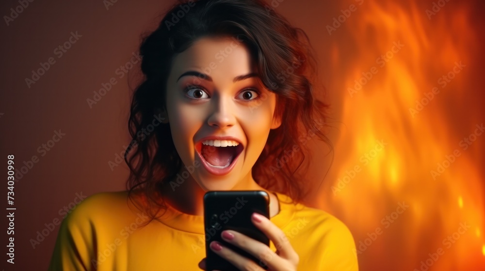 beautiful woman exited surprise face expression . female feels shocked with the phone. exciting smile and happy adorable rejoices. Very enjoy and fun relax time. wow, girl holding smartphone.