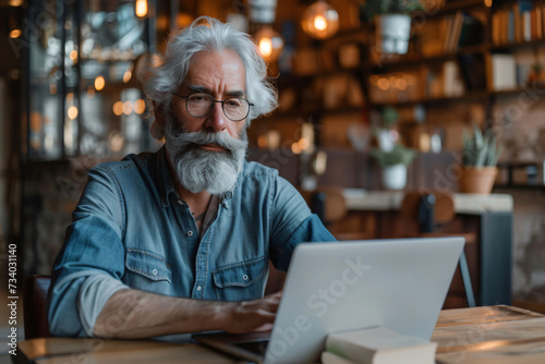 Elderly man with white beard focused on laptop in bright coworking area. Senior professional with copy space. Contemporary workspace and active retirement concept