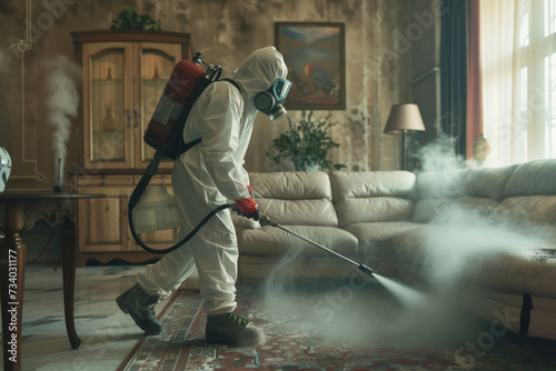 pest control worker in a protective suit sprays insect poison in a living room © Kien