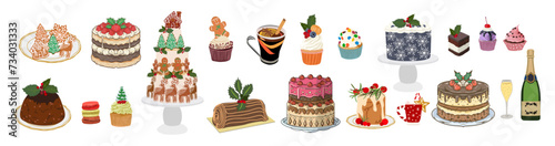 Christmas dessert food set. Festive sweet dishes for winter holiday meal. Pie, cakes, champagne, cupcakes and other treats for Xmas party. Realistic vector illustrations on transparent background. 