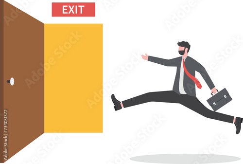 Quit routine job, leaving or escape way for business dead end to be success or exit from work difficulties concept, businessman worker in suit running in hurry to emergency door with the sign exit.

