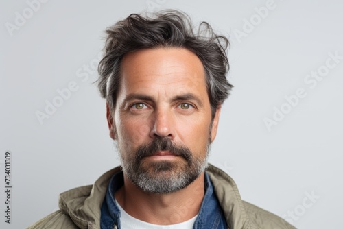 Handsome middle-aged man with beard and mustache on grey background