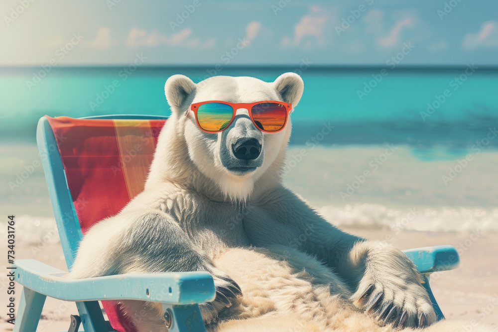 a polar bear wearing glasses relaxing on beach