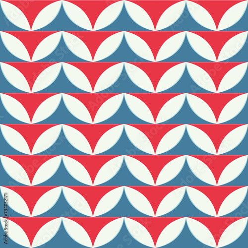 Stylish vector graphic pattern in bright shades of blue, white and red. Ideal for use in interior design, textiles, packaging or as a background image in a variety of creative projects.