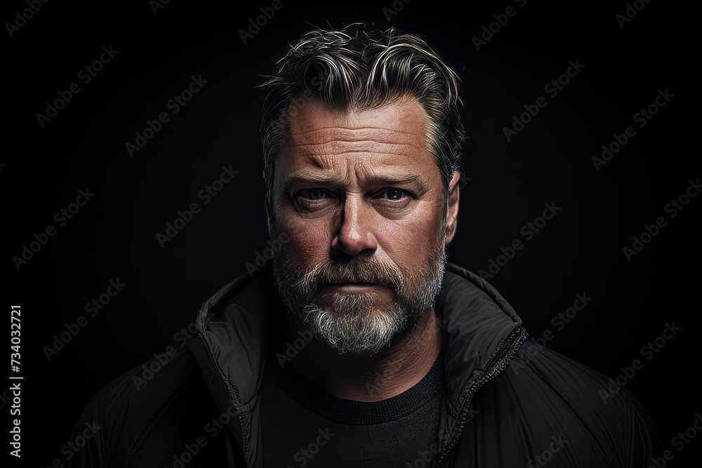 Portrait of a bearded man in a black jacket on a dark background