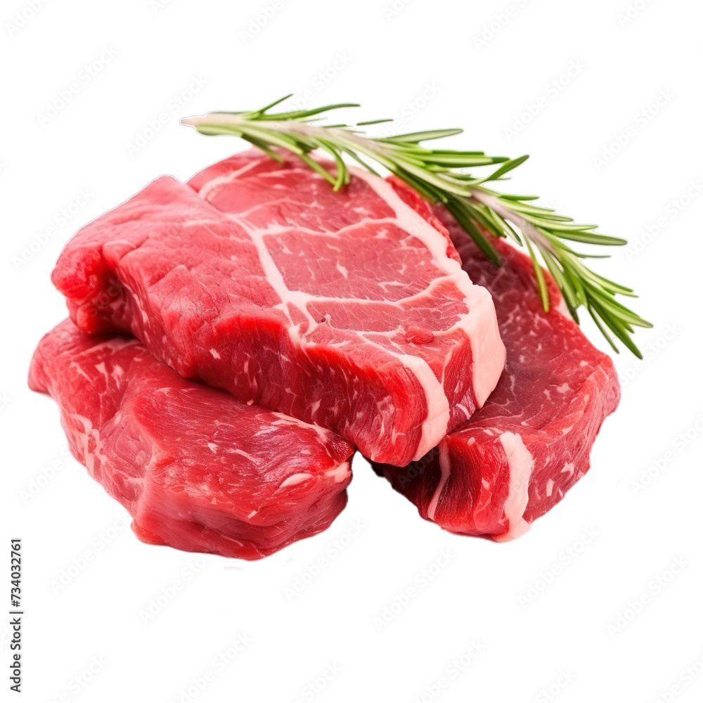 Raw bio beef steak with rosemary isolated on transparent background.