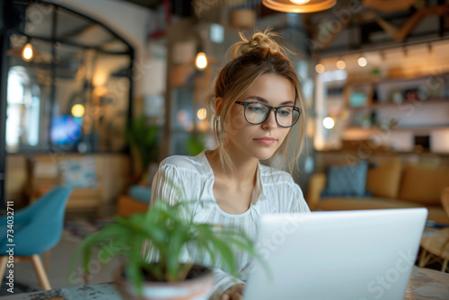 Young blonde woman concentrating on laptop at a modern coworking station. Freelancer in casual wear with copy space. Independent business and flexible work environment concept photo