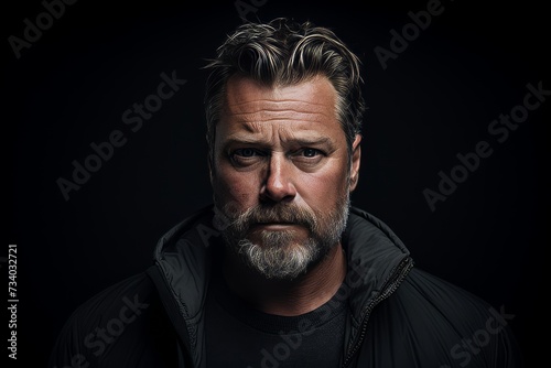 Portrait of a bearded man in a black jacket on a dark background