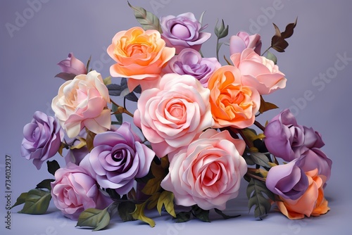 An elegant arrangement of pastel roses in shades of lavender and peach on a soft gray background, leaving space for imaginative text.