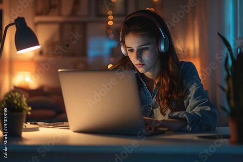 female sitting at her desk working on laptop and wearing headphones at night