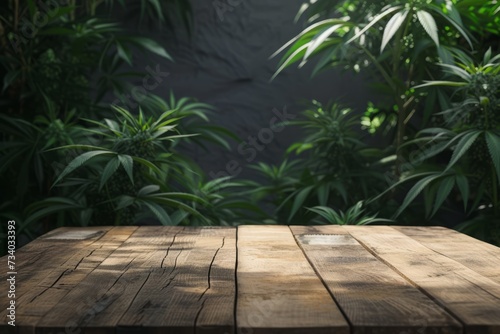 Empty wooden table over medical cannabis plants background. mock up for design and product display.
