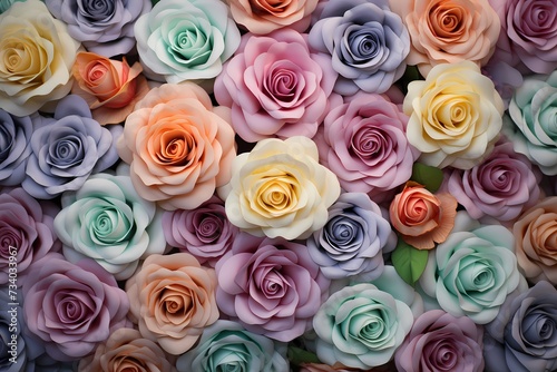 An enchanting arrangement of pastel-colored roses from a top perspective, providing an elegant canvas for text.