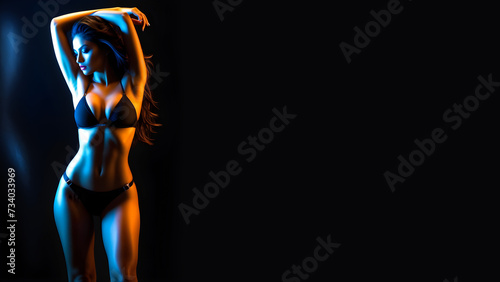A Latina model clad in a bikini stands isolated against a pitch black background, accentuating her silh.