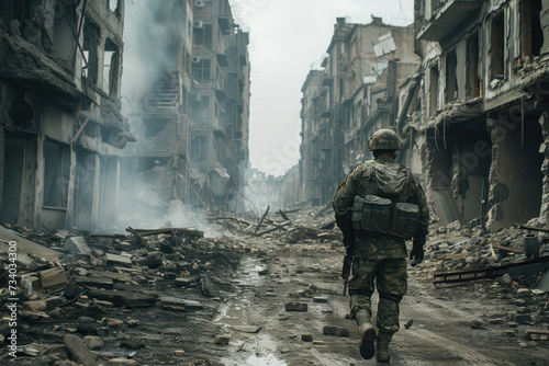 Soldier walking in destroyed city