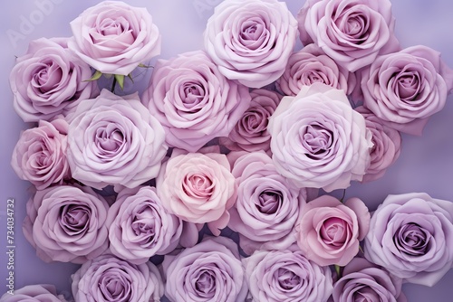 An HD capture of a top view featuring a cluster of roses in shades of lavender  set against a pastel purple background  with ample space for creative text.