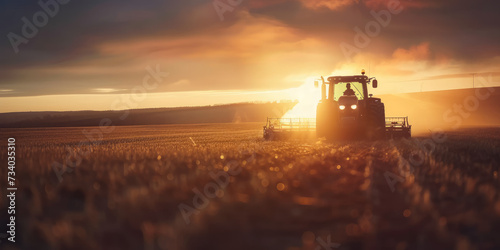 Tractor in the field under sunset light, tillage in spring, preparation for sowing © Kien