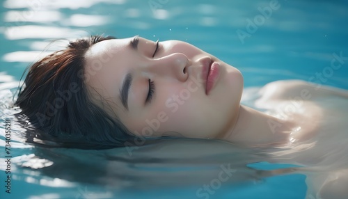 Close-up of an Asian female around 25 years old with dark hair submerged in water, eyes closed, and a relaxed expression.