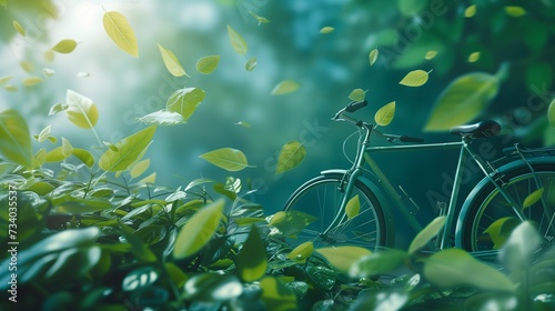 An eco-friendly bicycle with a basket overflowing with lush green leaves, symbolizing sustainable and healthy transportation in an urban environment. © TensorSpark
