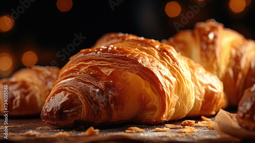 Close up of flaky golden croissants freshly baked in bakery, food background photo