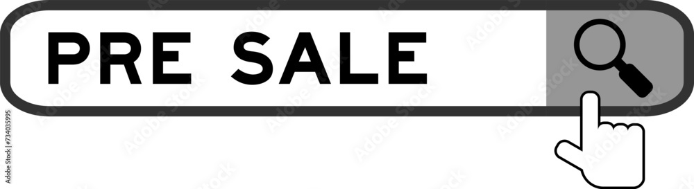 Search banner in word pre sale with hand over magnifier icon on white background Search banner in word pre sale with hand over magnifier icon on white background
