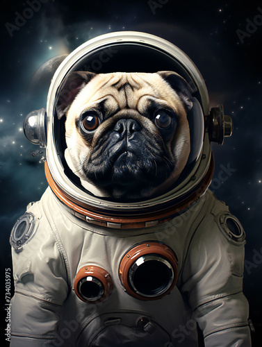 Funny pug Dog Astronaut Portrait. Generative AI.