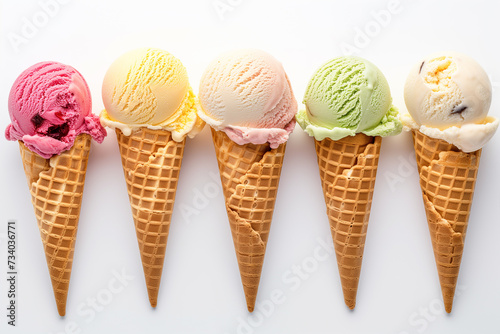 A row of colorful ice cream cones with different flavors on a white background