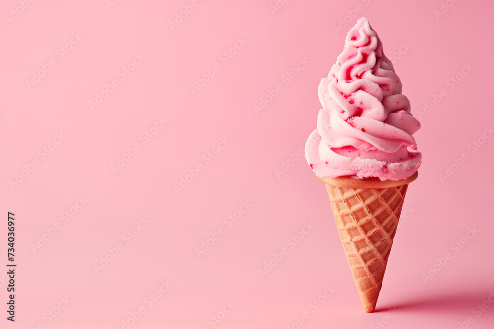 Strawberry soft-serve ice cream cone on a pink pastel background Strawberry soft-serve ice cream cone on a pink pastel background