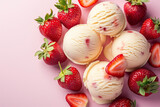 Strawberry cheesecake ice cream scoops with strawberries on a pink background
